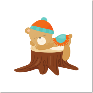 Autumn Bear, Sleeping Bear, Cute Bear, Tree Stump Posters and Art